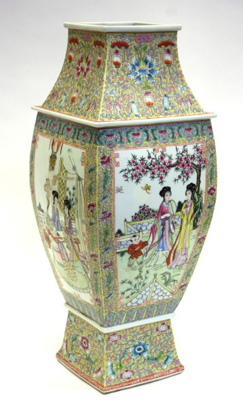 Chinese Large Enameled Porcelain Vase: Chinese large polychrome enamel decorated vase, of squared lantern form, each of the swelling central panels featuring a beauties and children on a garden terrace, all reserved on a yellow ground with