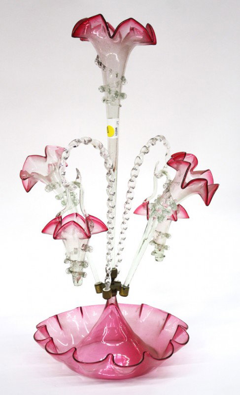 Victorian glass epergne: Victorian art glass pink to clear epergne, (hairline crack in base), 23''