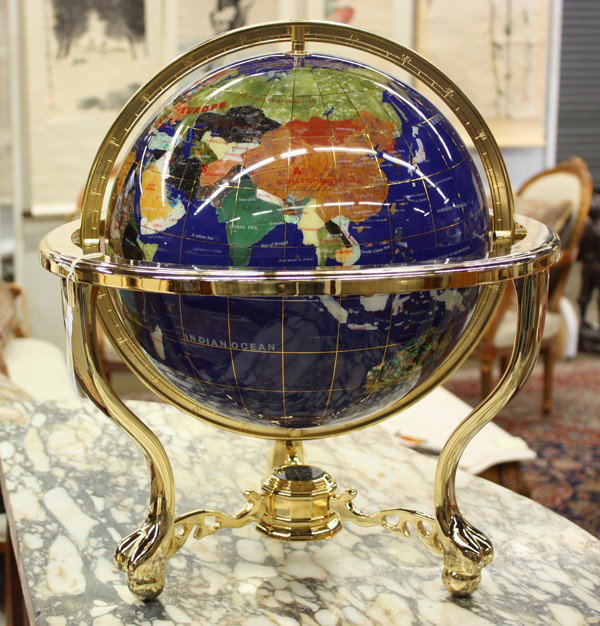 Inlaid world globe: Inlaid world globe, depicting countries executed in various stones, supported by a metal stand having a compass in base, globe 12'', overall 19''