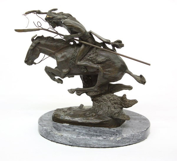 Bronze, after Remington: Bronze sculpture, Indian Warrior on Horseback, after Frederic Remington (American, 1861-1909), bears signature lower base, overall: 9.25''h x 9.75''w x 5.5''d