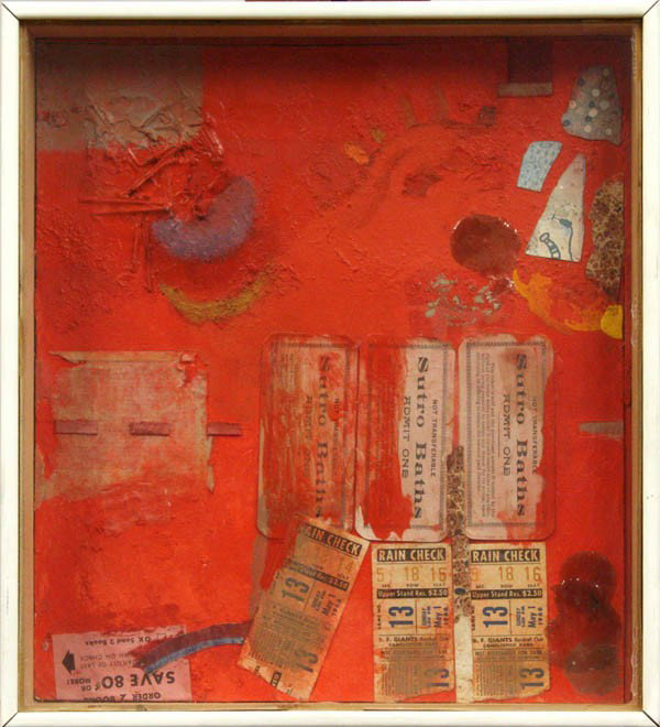Collage, Nell Sinton, Rob Roy at the Baths: Framed collage, ''Rob Roy at the Baths,'' 1966, by Nell Sinton (Californian, 1910-1997), signed ''Nell Sinton'' verso, various labels affixed verso, overall: 13.12''h x 11.875''w