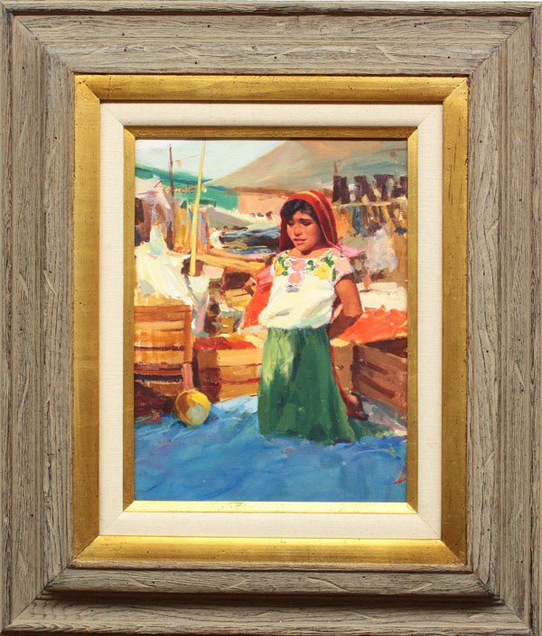 Painting, Richard Schiele, Shy Mexican Beauty: Framed oil on canvas, ''Shy Mexican Beauty'', by Richard Schiele (American, 20th century), signed ''Richard Schiele'' verso, titled verso, sight: 16''h x 11.5''w, overall: 28''h x 23''w