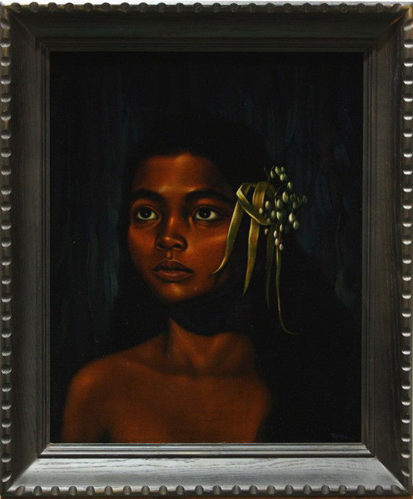 Painting, Burke Tyree, Vikeni: Framed oil on velvet, ''Vikeni,'' 1966, by Burke Tyree (American, 20th Century), signed ''Tyree'' lower right, overall: 24.25''h x 20.25''w