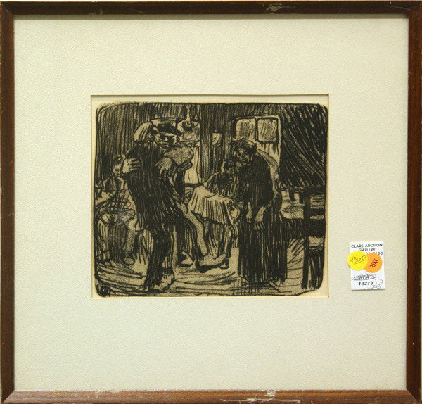 Etching, After Kaethe Kollwitz, Hamburg Inn: Framed original etching restrike, ''Hamburg Inn,'' After Kaethe Kollwitz (German, 1867-1945), blind stamp lower right, bears Ferdinand Roten Gallery label verso, overall: 14.75''h x 15.5''w. Catalogue