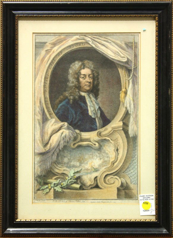 Engravings, after Jacobus Houbraken, Dutch: (Lot of 3) Framed hand-colored engravings, ''Alexander Pope'' and ''Edward Russel,'' 1742, after Jacobus Houbraken (Dutch, 1698-1780), by Kneller and Knapton, London and ''Carolus Austriacus'' by Titi