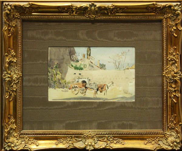 Watercolor, Corfu, signed ''John Singer Sargent'': Framed watercolor, ''Corfu,'' in the manner of John Singer Sargent (American, 1856-1925), signed in pencil ''John Singer Sargent'' verso, titled in pencil lower right, overall: 17''h x 20.25''w