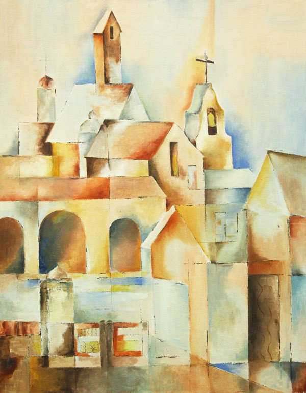 Paintings, Still Life and Abstract Village Scene: (Lot of 2) Framed and unframed oils on canvas and board, Still Life with Roses, signed ''Keene'' lower right, and Abstract Village Scene, unsigned, largest overall: 29.75''h x 24.25''w