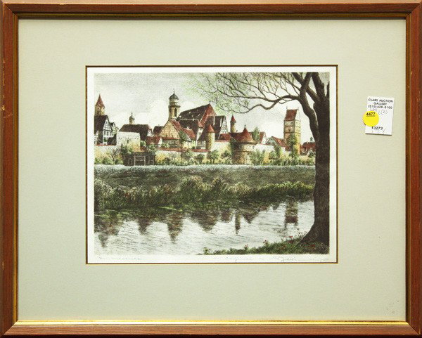 Prints, European Village Scenes: (Lot of 2) Framed color etchings, European Village Scenes, Continental School (20th century), each signed in pencil indistinctly lower right, largest overall: 16''h x 20.5''w