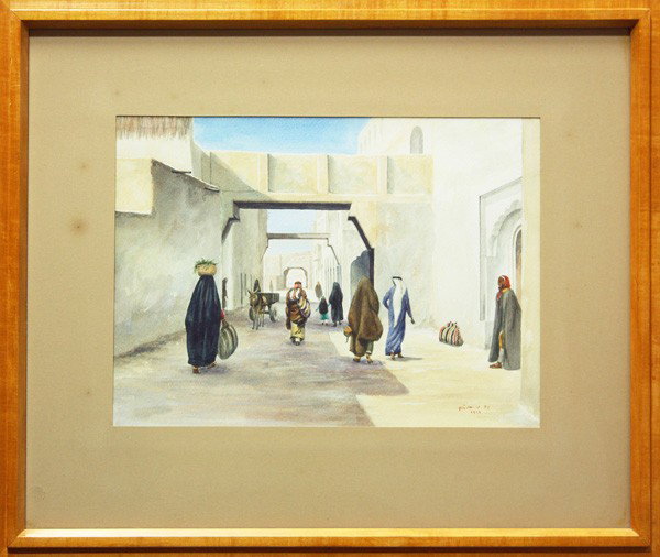 Watercolor, Middle Eastern Street Scene, 1909: Framed watercolor, Middle Eastern Street Scene, 1909, signed in Arabic and dated ''1909'' lower right, overall: 22''h X 26''w