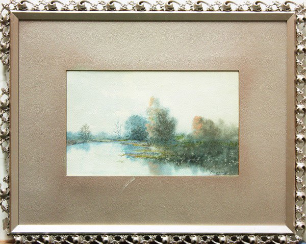 Watercolors, Robert Wands, Landscapes: (Lot of 3) Framed watercolors, Rocky Mountain Cabin, by Robert Wands (American, b. 1939), signed ''Robert Wands'' lower right, Autumn at the Pond, by A.T. Bazane (American, 1846-1921), signed ''Bazane
