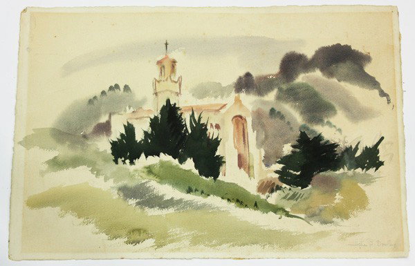 Watercolors,Helen Bertha Dooley,: (Lot of 4) Unframed 20th century American watercolors including: Mission, by Helen Bertha Dooley (Californian, 1907-1994), signed lower right; Tiburon, signed ''Gaude'' lower right; Coastal Castle; an