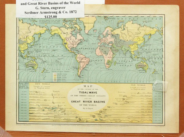 Nine hand-colored engraved maps, 19th Century: (Lot of 9) Unframed hand-colored engraved maps consisting of: ''Map of the World, Course of Tidal Waves,'' 1872, published by Scribner, Armstrong and Co., ''Map of the World,'' 1860, printed by Charle