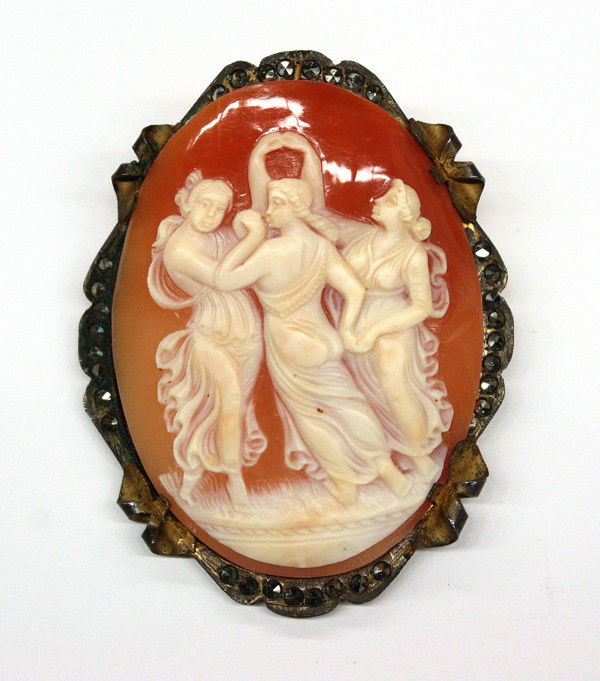 Shell cameo pendant/brooch combination gilt silve: Shell cameo ''Three Graces'' pendant/brooch combination; cameo is within a gilt silver and marcasite frame