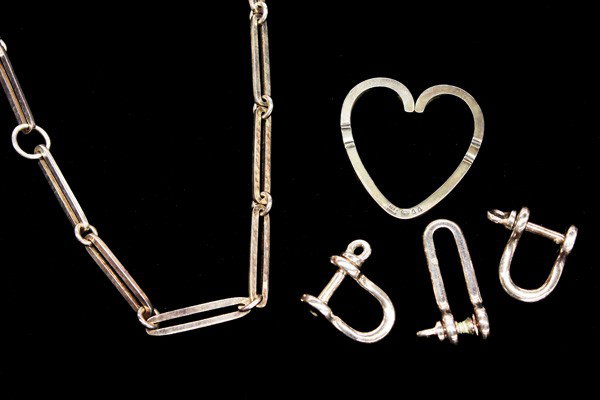 Georg Jensen link chain necklace: Colleciton of Denmark silver items, including; a Georg Jensen ''Heart'' stamped and marked 925S 44, a Georg Jensen 925 silver 195A link chain necklace and three screw in ''U'' rings stamped Denmark OL