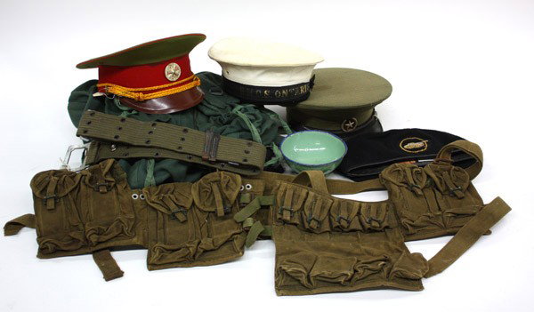 North Vietnamese military items: Collection of North Vietnamese military items including 2 NCO caps, So. Vietnamese tankers cap and black Viet Kong pajamas