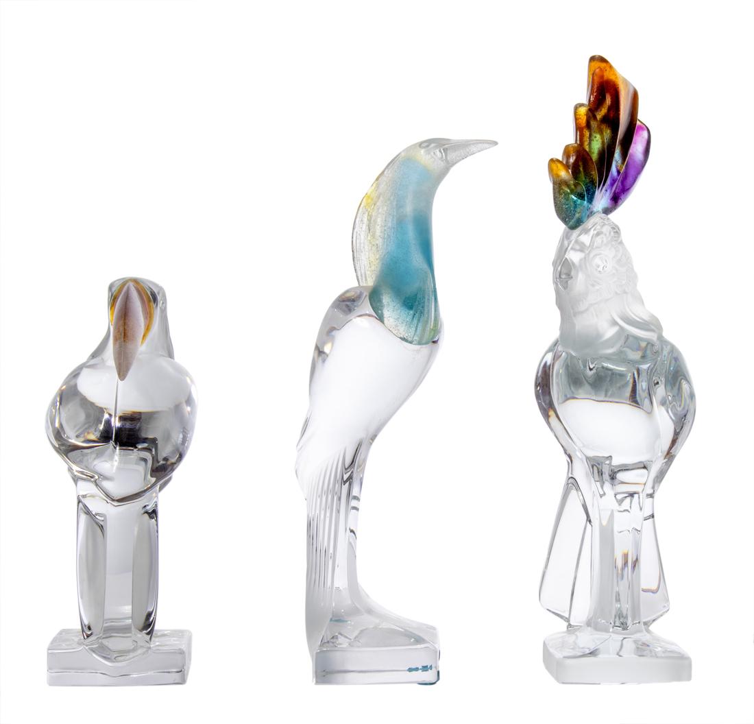(Lot of 3) Daum pate de verre, clear and frosted glass birds: (Lot of 3) Daum pate de verre, clear and frosted glass birds, each engraved 'Daum France', comprising Cockatoo, 13.75"h; Toucan, 9.25"h and Heron, 12"h. Provenance: Property of a prominent Hillsboroug