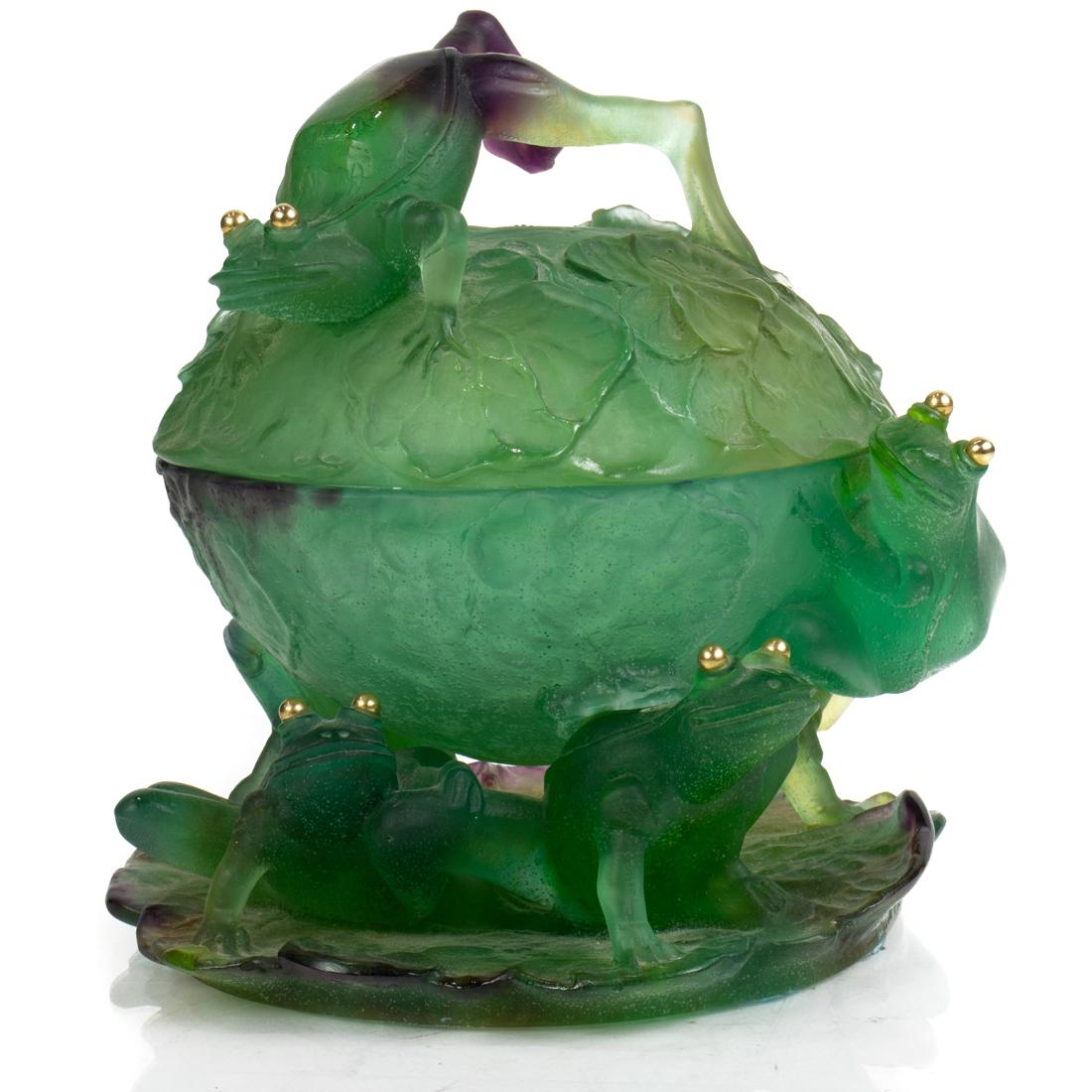 A Daum pate de verre glass and gilt bronze frog covered candy dish (1 of 3)