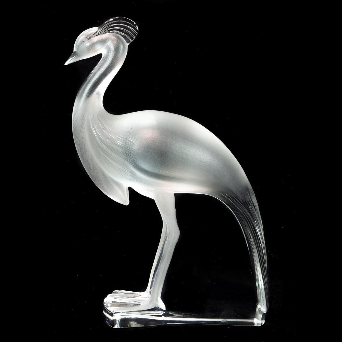 A Lalique clear and frosted glass Louisiane model of a crane 11642: A Lalique clear and frosted glass Louisiane model of a crane 11642, engraved 'Lalique (R) France', 14"h x 10.25"l x 3.75"w. Provenance: Property of a prominent Hillsborough, CA estate.