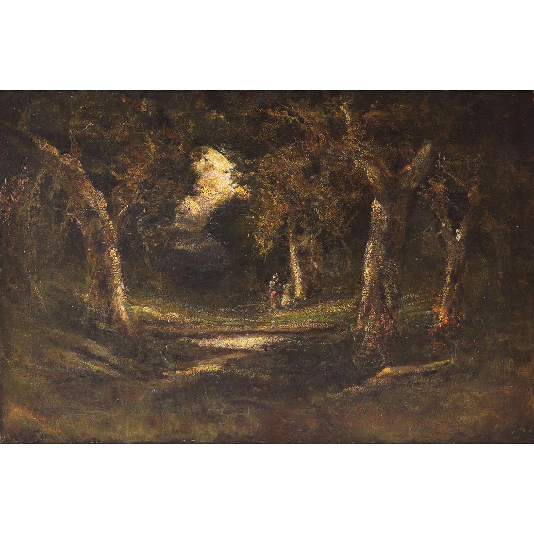 Painting, William Keith: William Keith (American, 1838-1911), Untitled (Figure in a Clearing), oil on canvas, signed lower left, 20.25"h x 30"w, overall (with frame): 29"h x 39"w