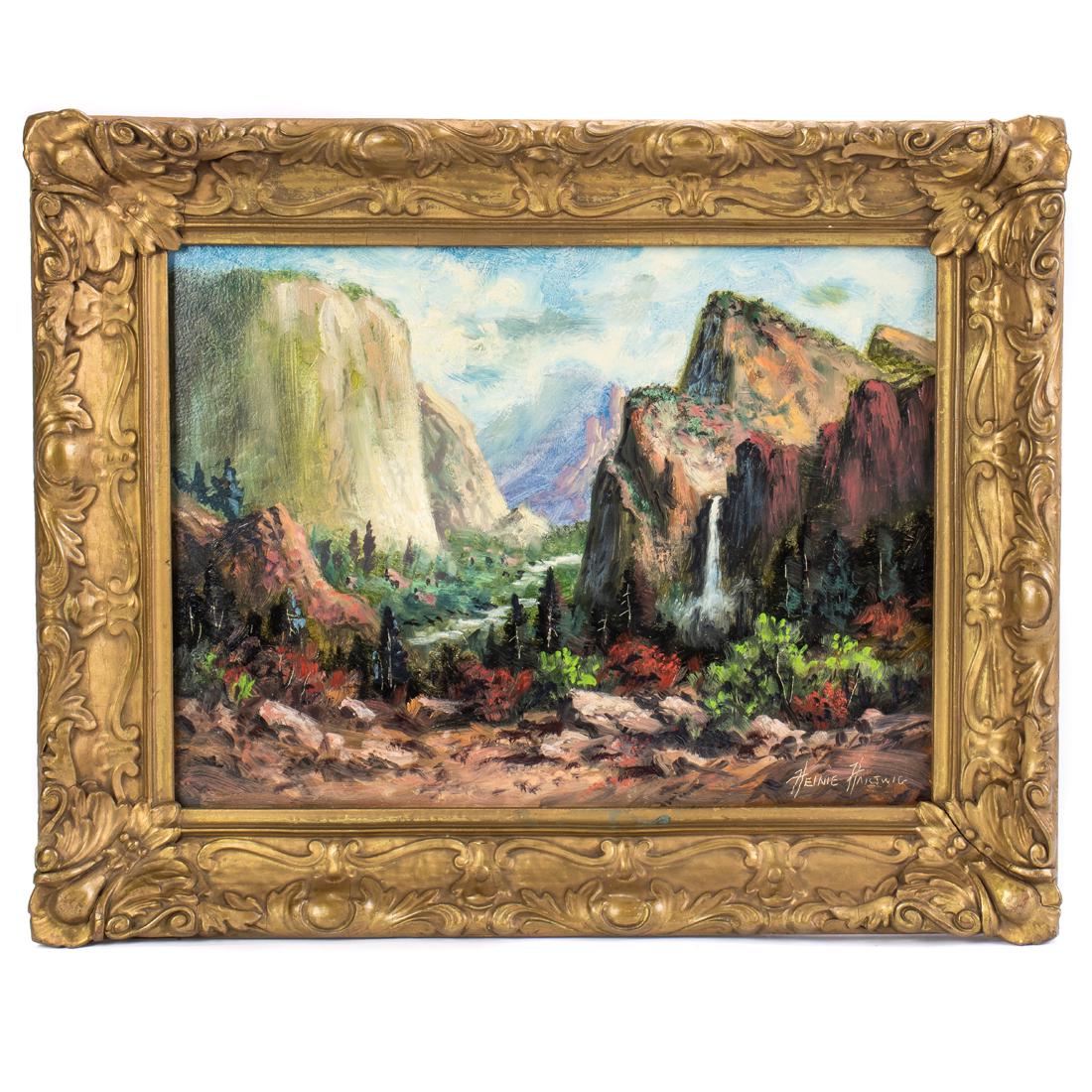 Painting, Heinie Hartwig: Heinie Hartwig (American, b. 1937), "Yosemite," oil on masonite, signed lower right, board: 9"h x 12"w, overall (with frame): 12.5"h x 12.5"w