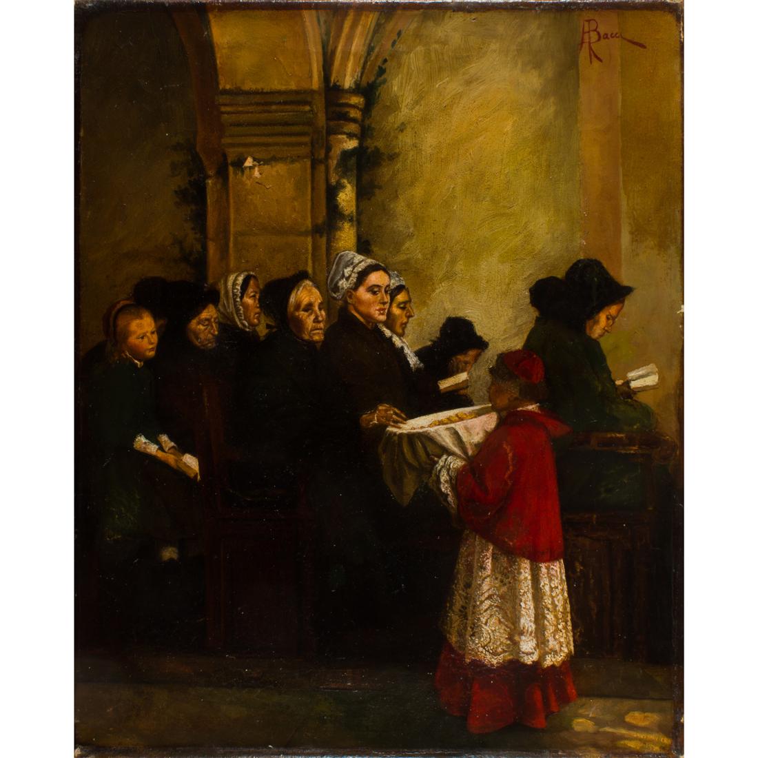 Painting, Adolfo Bacci: Adolfo Bacci (Italian, 1856-1897), "Le Pain Benit," 1893, oil on canvas, signed upper right, titled and dated verso, canvas (unframed): 15"h x 12.25"w