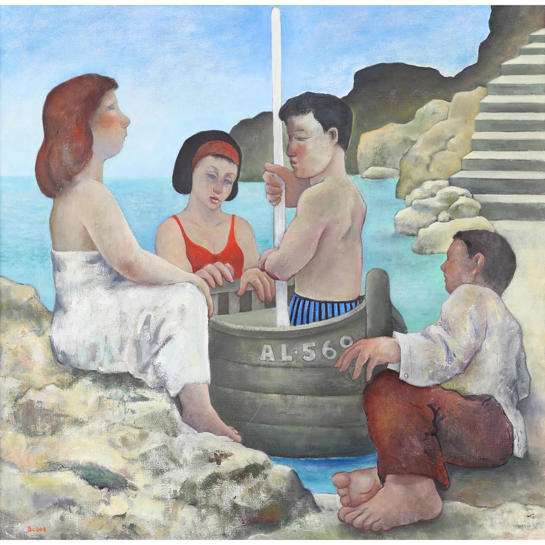 Painting, Michael Scott: Michael Scott (Scottish, 1946-2006), "Argonauts Landing," oil on canvas, signed lower left, gallery label affixed verso (Contemporary Fine Art Gallery, Eton, England), canvas: 30"h x 30"w, overall (wi