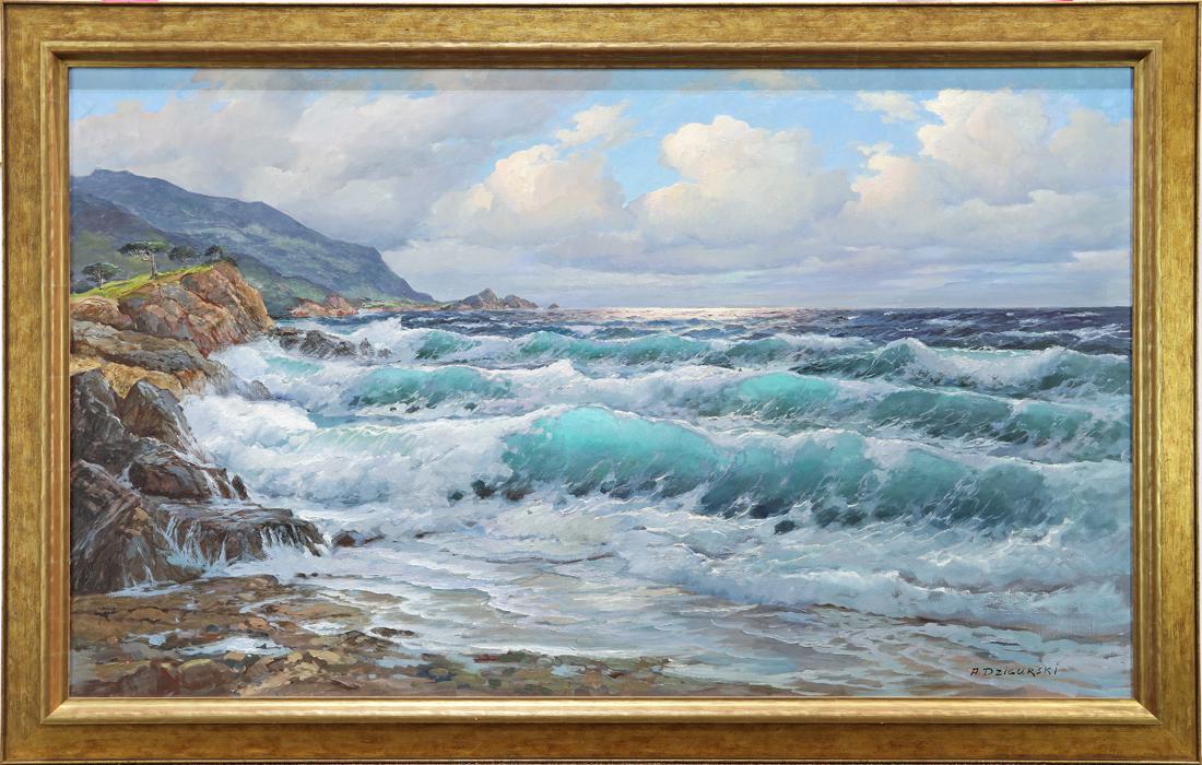 Painting, Alexander Dzigurski: Alexander Dzigurski (American, 1911-1995), Seascape, oil on canvas, signed lower right, cavnas: 36"h x 60"w, overall (with frame): 43"h x 67"h. Provenance: Property of a prominent Hillsborough, CA est