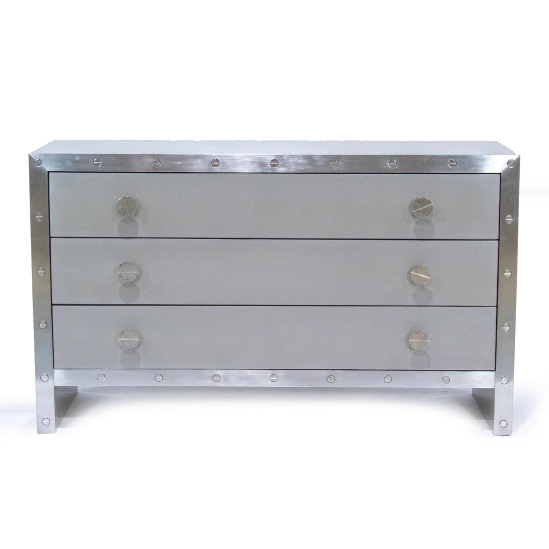 A Scala Luxury C-Screw lacquered parchment and metal three-drawer chest with mahogany frame (1 of 2)