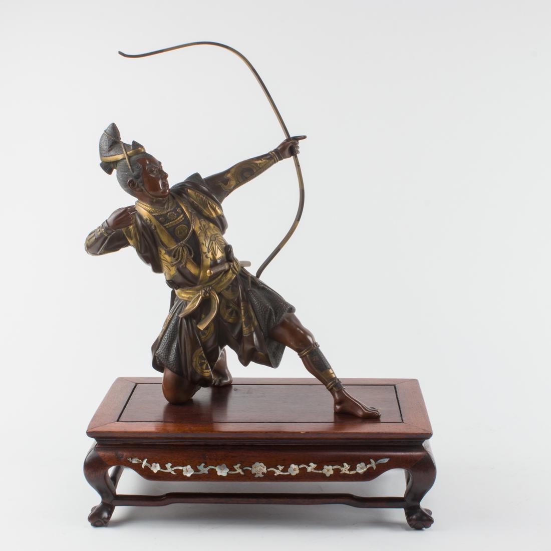 Japanese bronze figure of archer, signed Yoshimitsu (1 of 3)