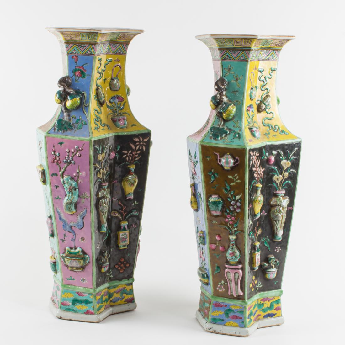 Pair of Chinese famille rose embossed hundred antique vases (1 of 4)
