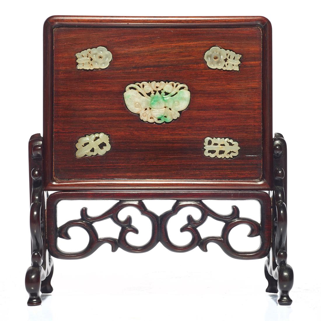 Chinese hardwood table screen with jade inlay (1 of 2)