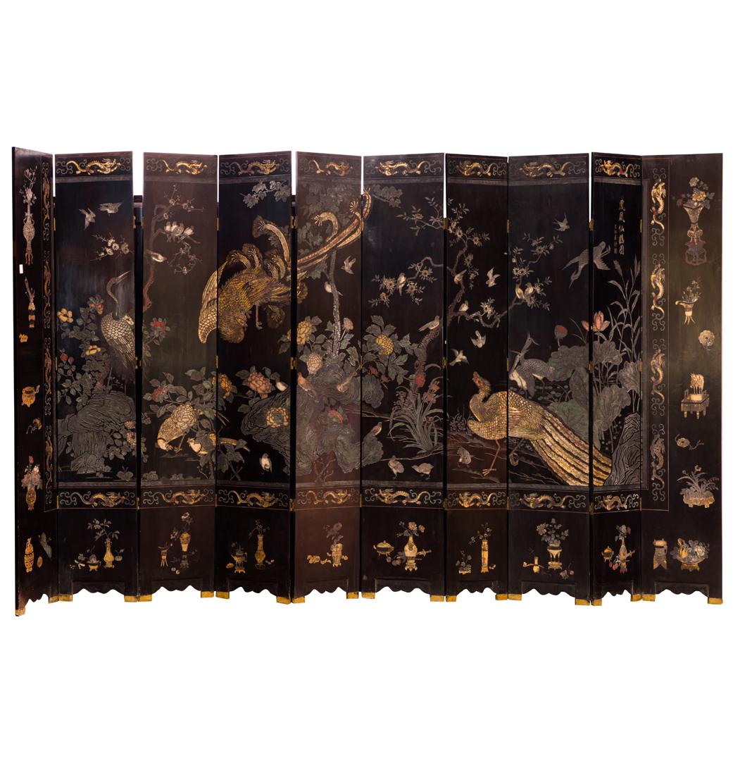 Chinese ten-panel black ground coromandel lacquer screen (1 of 6)