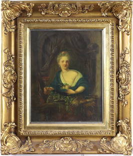 Painting, After Ottmar Elliger the Younger: After Ottmar Elliger the Younger (Dutch, 1666-1735), "Girl with Cup at the Window," 19th century, oil on board, unsigned, overall (with frame): 19.25"h x 16.75"w