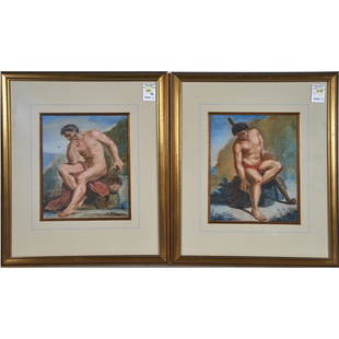 Drawings, Pan and Heracles: (lot of 2), Continental School (20th century), Pan and Heracles, each pastel on paper, unsigned, overall (with frame/each): 19.25"h x 16.25"w