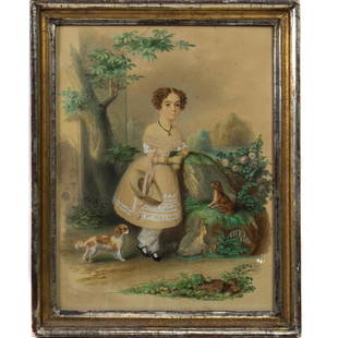 Watercolor, Jan Adolf Brandeis: Jan Adolf Brandeis (Czech, 1818-1872), Portrait with Dogs, 1843, watercolor, signed and dated lower left, overall (with frame): 15.5"h x 12.5"w