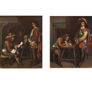 Painting, After Gerard Ter Borch: (lot of 2) After Gerard ter Borch, The Elder (Dutch, 1583-1662), Interior Scenes of Officers, oil on board, unsigned, board (each): 7.25"h x 6"w, overall (with frame/each): 13.25"h x 12.25" w