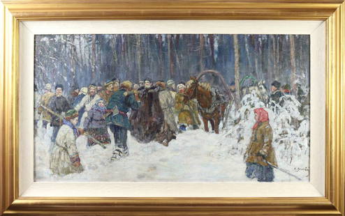 Painting, After Konstantin Semionovich Vysotsky: Russian School after Konstantin Semionovich Vysotsky (Russian, 1864-1938), Untitled (Winter Scene), oil on canvas, canvas: 14.25"h x 26.25"w, overall (with frame): 20.25"h x 32.25"w