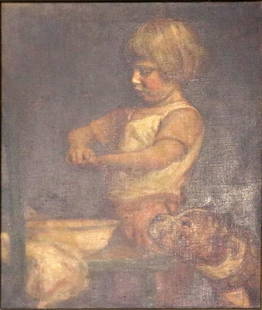 Painting, Janet Derinda Wheeler: Janet Derinda Wheeler (American, 1866-1945), Untitled (Young Girl Washing Up), oil on canvas, signed lower right, canvas: 18"h x 14"w, overall (with frame): 26"h x 22"w