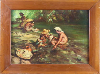 Painting, Philippine School: Philippine School (20th century), Wash Day, 1959, oil on board, signed and dated "Larca 1959" lower right, overall (with frame): 17"h x 21"w