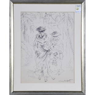 Work on paper, Guy Buffet: Guy Buffet (French, b. 1943), Two Women, pen and ink, signed lower right, sight: 15.5"h x 11.5"w, overall (with frame): 20.75"h x 16.5"w
