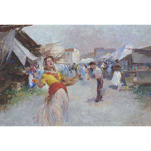 Painting, Witman Etelka Vizkeleti: Witman Etelka Vizkeleti (Hungarian, 1882-1962), Market Scene, oil on canvas, signed lower right, canvas: 24"h x 36"w, overall (with frame): 30"h x 42"w