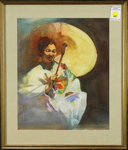 Painting, Aline Ordman: Aline Ordman (American, 20th century), Lady with Parasol, oil on paper, signed lower right, overall (with frame): 18.75"h x 16"w