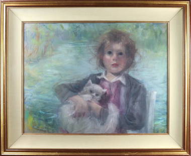 Pastel, Cydney Grossman: Cydney Grossman (American, b. 1909), Child Portrait with Cat, pastel on paper, signed lower right, overall (with frame): 26.5"h x 32.5"w