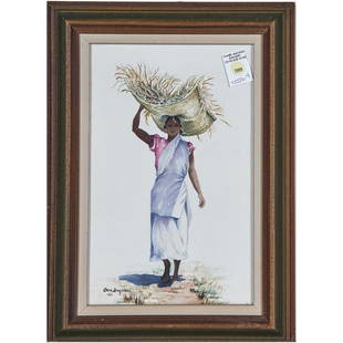 Watercolor, Gene Bingaman: Gene Bingaman (American, 20th century), Woman Head Carrying, 1963, watercolor on paper, signed and dated lower left, overall (with frame): 18"h x 13"w