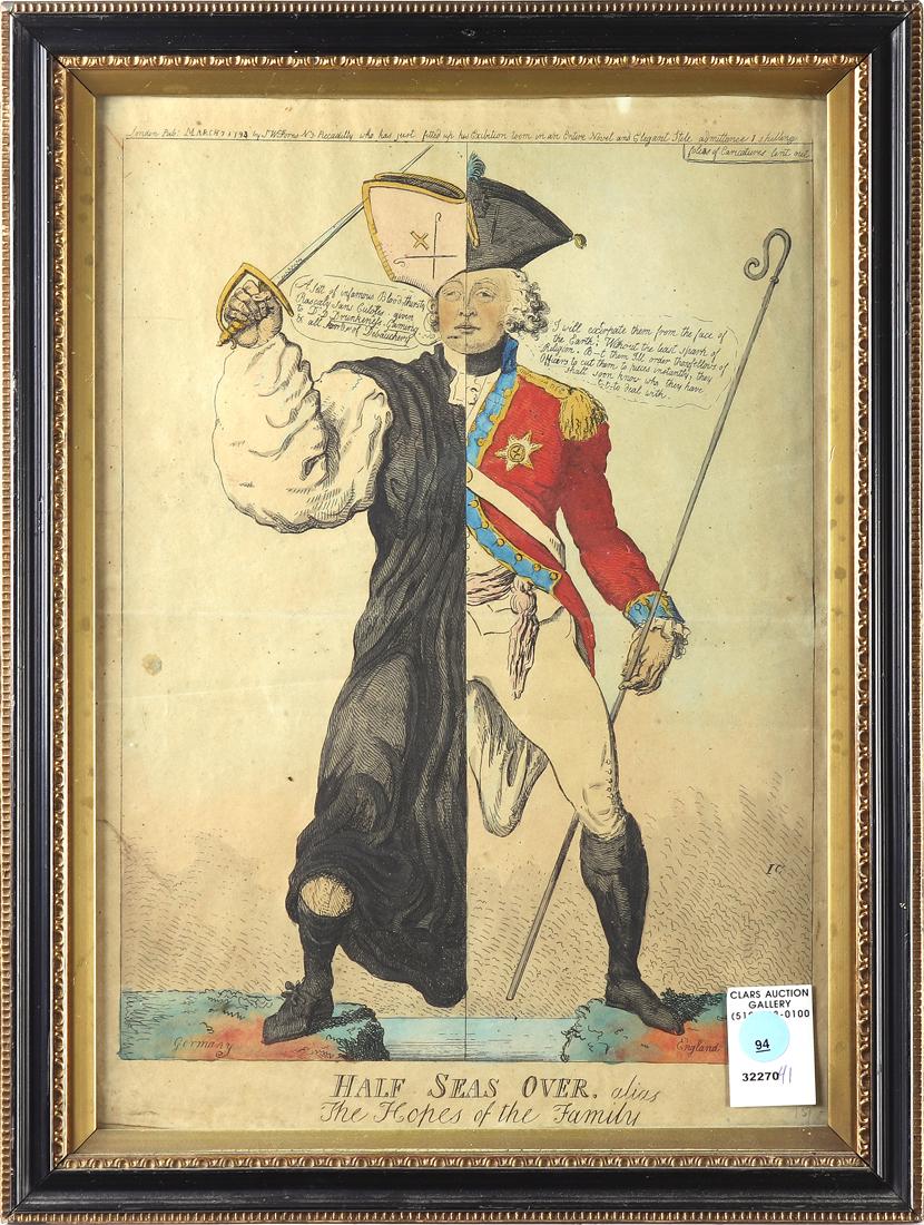 Print, Isaac Cruikshank: Isaac Cruikshank (Scottish, 1756-1811), "Half Seas Over. Alias the Hopes of the Family," etching with hand coloring, published by S.W. Fores, circa 1794, overall (with frame): 18"h x 13.5"w