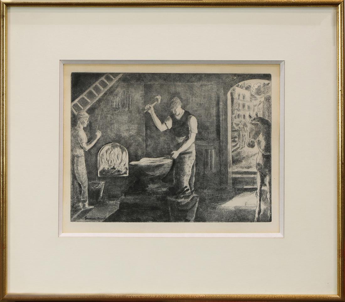 Print, Hermine David: Hermine David (French, 1886-1970), "Marechal Ferrant (The Blacksmith)," etching and drypoint, signed in the plate lower left, overall (with frame): 15.5"h x 17.5"w