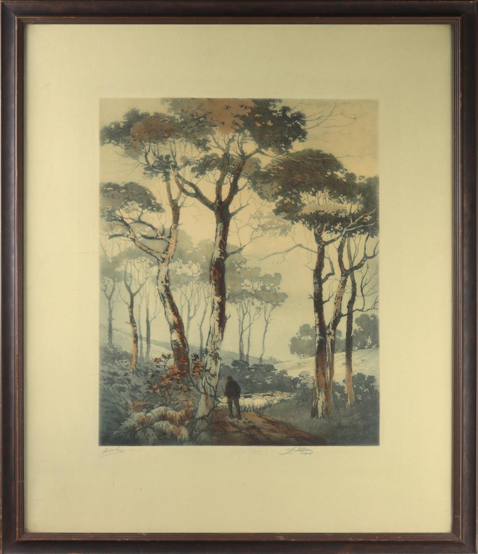 Print, John Wesley Cotton: John Wesley Cotton (American, 1868-1931), Landscape with Herder and Sheep, etching with aquatint, pencil signed lower right, overall (with frame): 23"h x 19.75"w