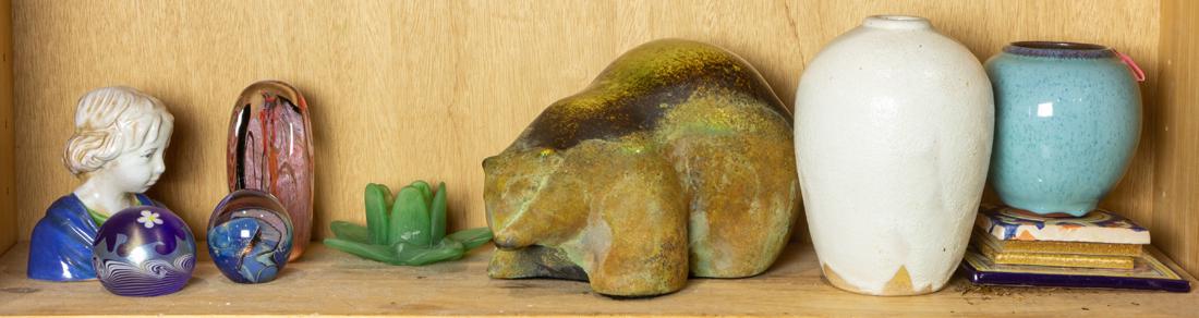 (lot of 11) One shelf of art glass and pottery (1 of 1)