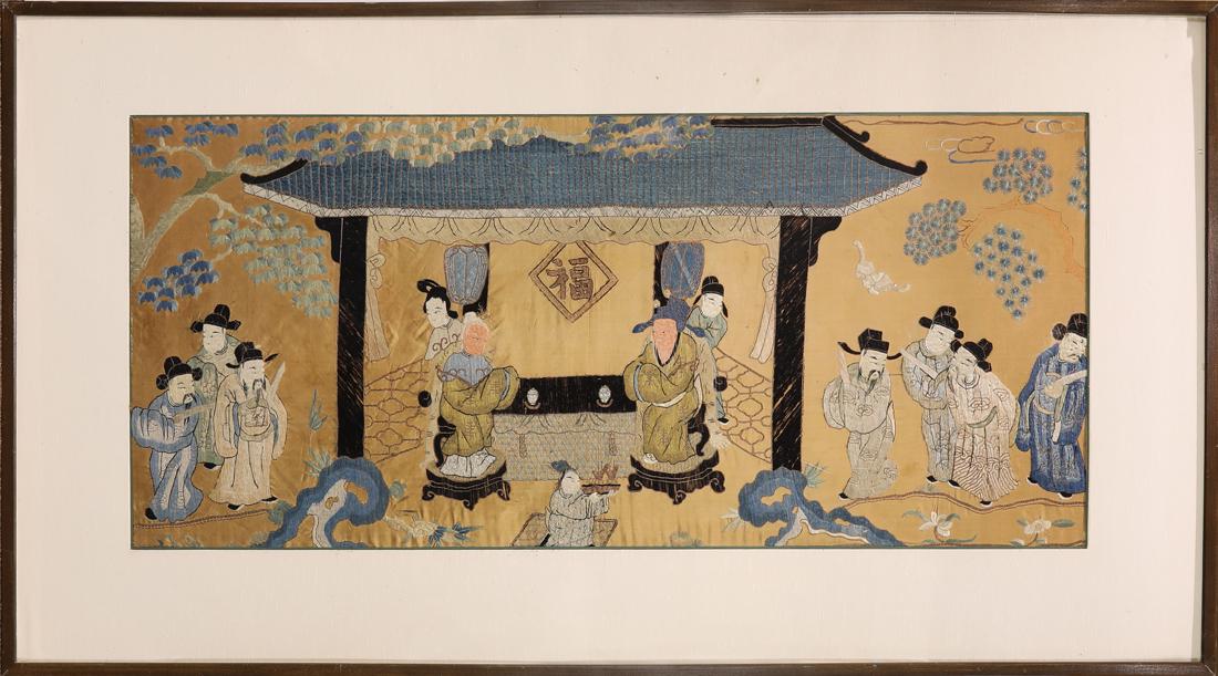 Chinese embroidered silk panel: Chinese embroidered silk panel, framed and glazed, 24"h. x 54.5"w.