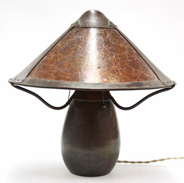 Dirk Van Erp lamp: Dirk Van Erp hammered copper and mica lamp circa 1911, the conical shade with three mica panels (later), rising on a bulbous base surmounted with a tapering cylindrical top supporting the three socket